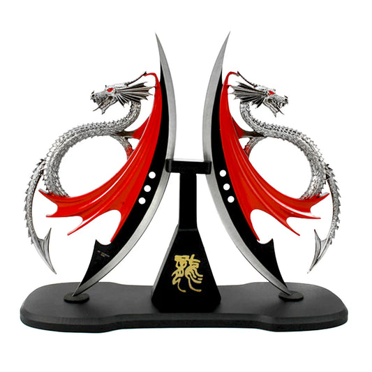 Twin Dragon Daggers with Engraved Wood Stand - KM4222