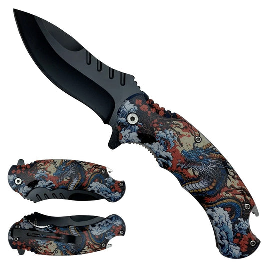 8.5" Spring Assisted Dragon Printed Pocket Knife - KS1006DG2
