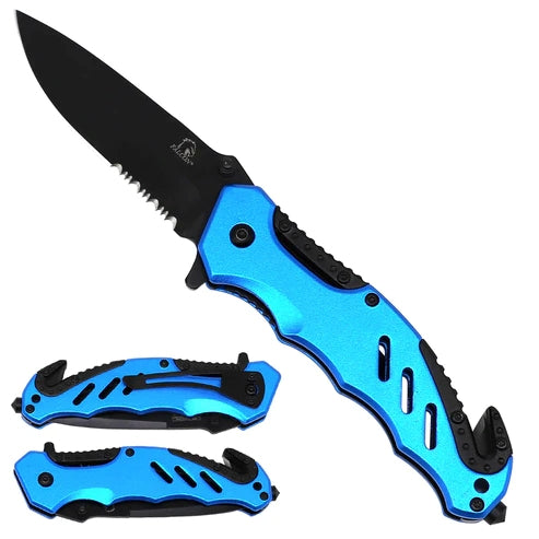 8.25" Spring Assisted Knife Black Blade with Bicolor Aluminum Blue Handle - KS1015BL