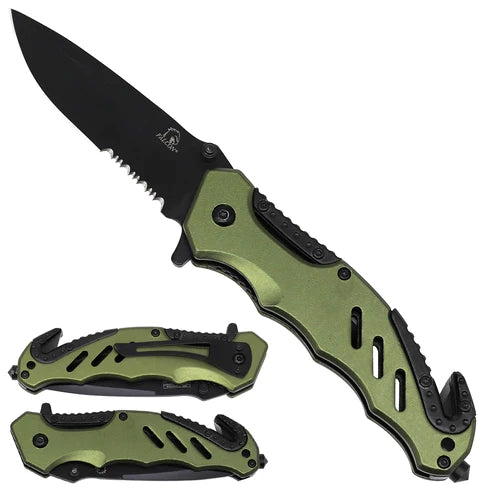 8.25" Spring Assisted Knife Black Blade with Bicolor Aluminum Green Handle - KS1015GN