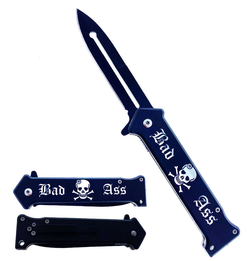 8" Black spring assisted knife with Skull Print - KS1024BA