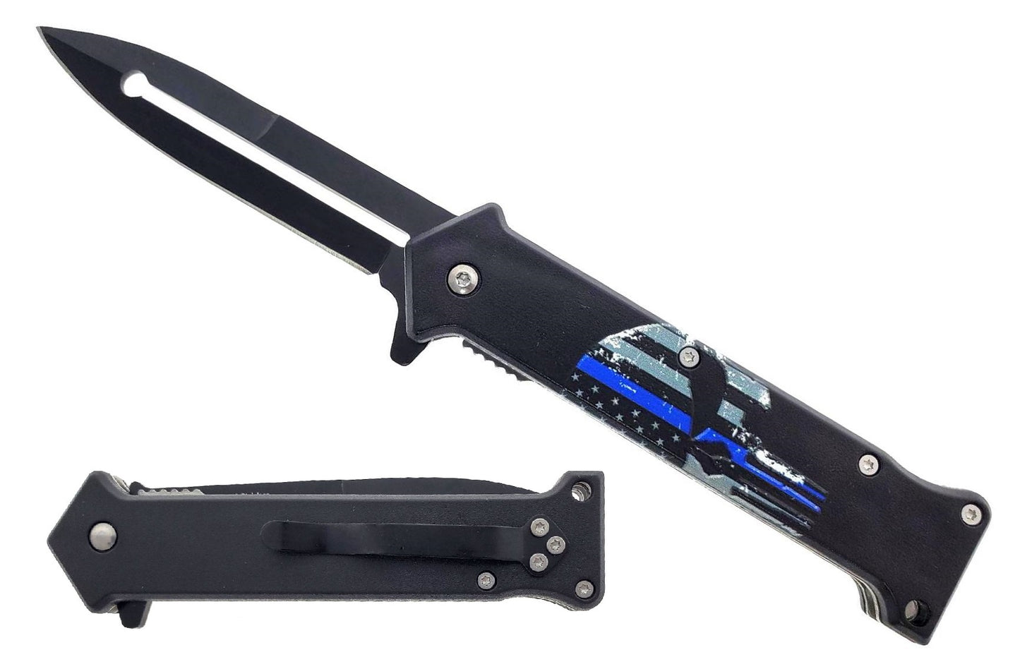 8" Blue Line Skull Folding knife - KS1024BSK