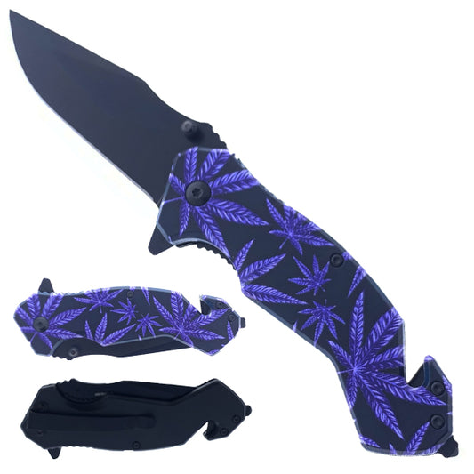 8" Black Coated Blade Purple Marijuana Spring Assisted Knife - KS1031PMM