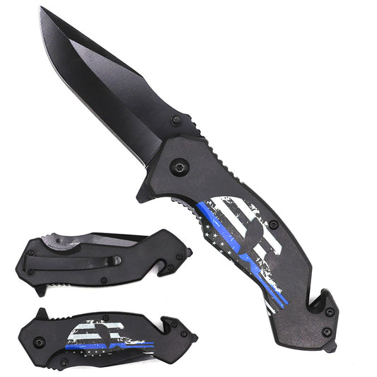 8" Black Coated Blade Blue Line Skull Spring Assisted Knife - KS1031SF