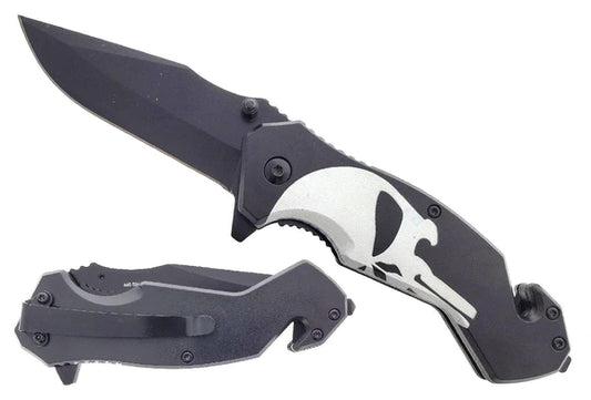 8" Black Coated Blade Skull Spring Assisted Knife - KS1031SK