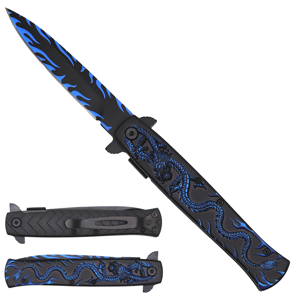 8-3/4" Black Folding Knife with Blue Dragon design on handle - KS1065BL