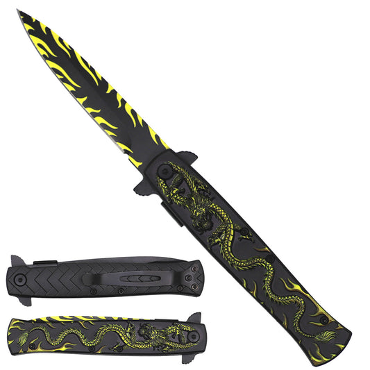 8-3/4" Black Folding Knife with Gold Dragon design on handle - KS1065GD
