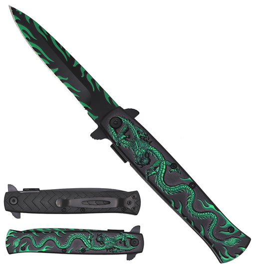 8-3/4" Black Folding Knife with Green Dragon design on handle - KS1065GN