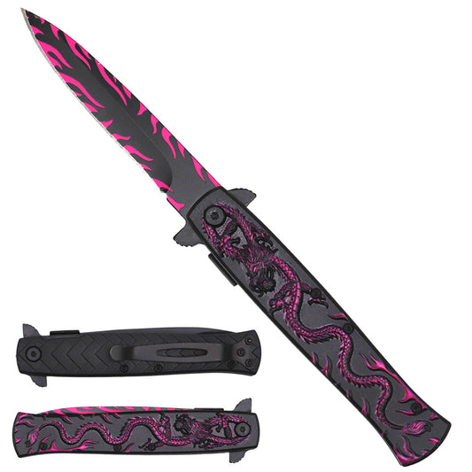 8-3/4" Black Folding Knife with Pink Dragon design on handle - KS1065PK