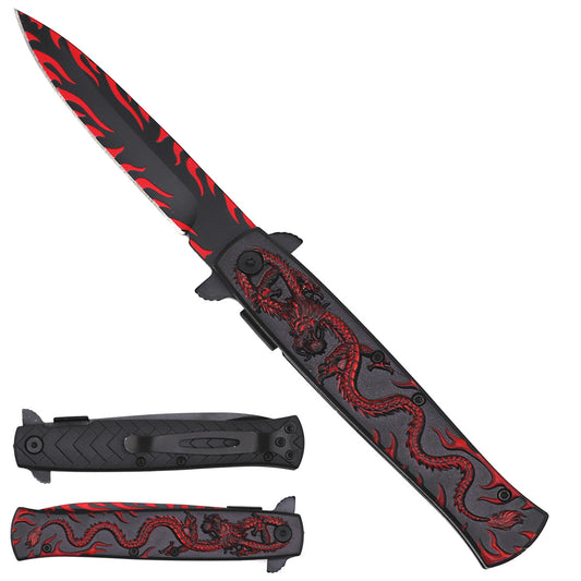 8-3/4" Black Folding Knife with Red Dragon design on handle - KS1065RD