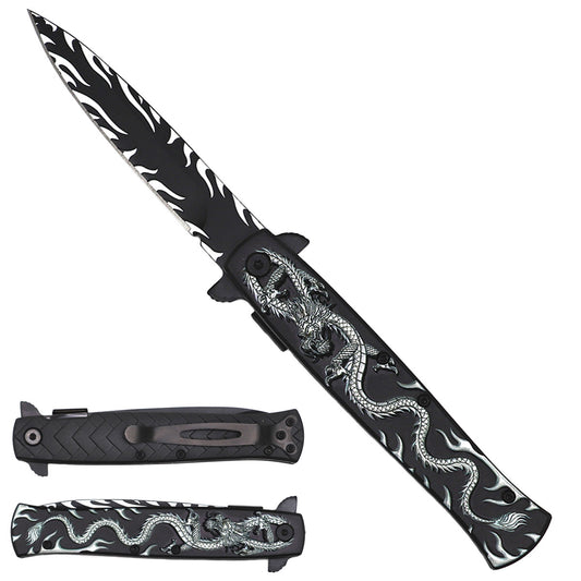 8-3/4" Black Folding Knife with Sliver Dragon design on handle - KS1065SL