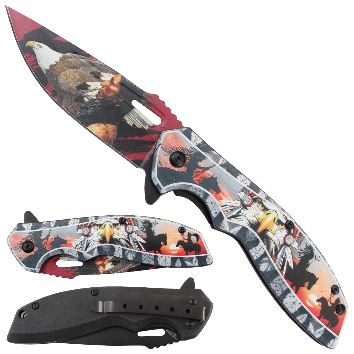 4.5" Spring assisted knife, plastic handle with Native American 3D print -KS1103EG