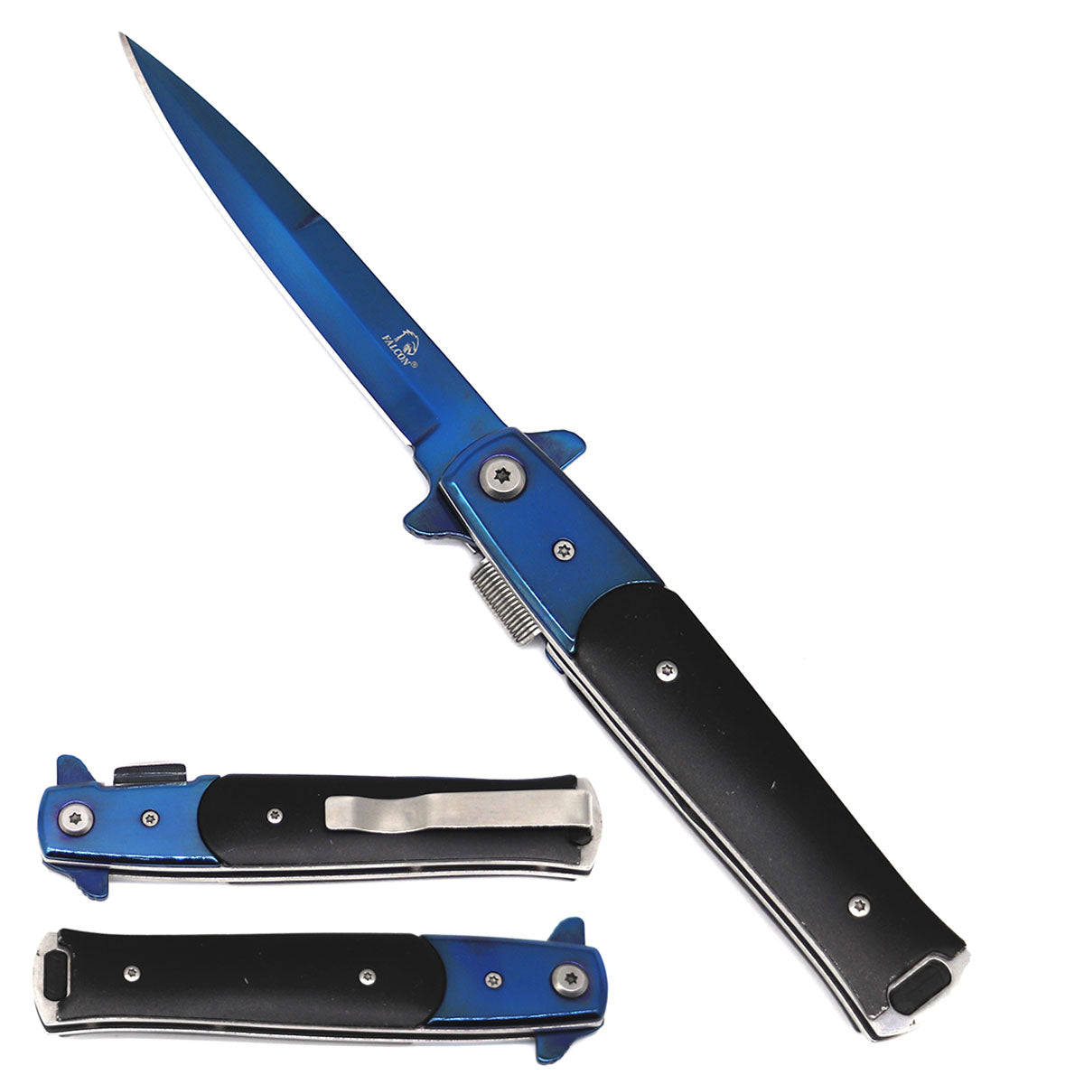 Falcon 8" Blue Blade Black Handle Spring Assisted Knife - KS1117BBK