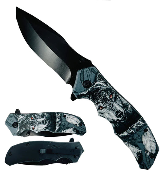 8" Spring Assisted Knife Wolf Design on Handle - KS1206WF