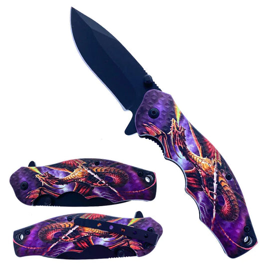 7.5" Spring Assisted Knife ABS Purple Dragon Design - KS1331DG-3