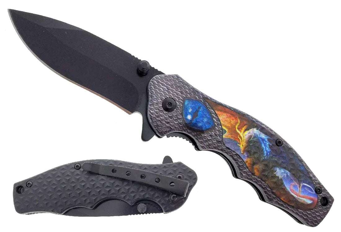 7.5" Spring Assisted Knife ABS Blue Dragon Design - KS1331DG-5