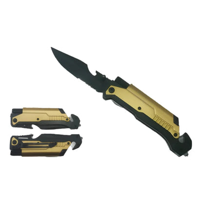 8 1/2" Spring Assisted Black Knife Gold metal handle with LED light, cutter, glass breaker - KS1339GD