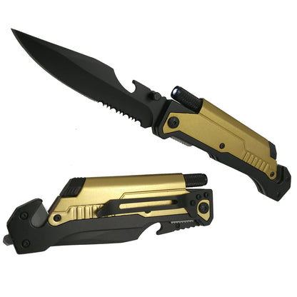 8 1/2" Spring Assisted Black Knife Gold metal handle with LED light, cutter, glass breaker - KS1339GD