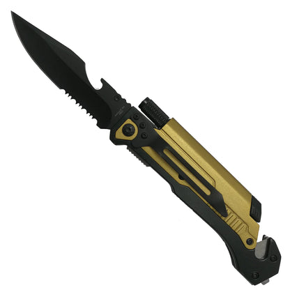 8 1/2" Spring Assisted Black Knife Gold metal handle with LED light, cutter, glass breaker - KS1339GD