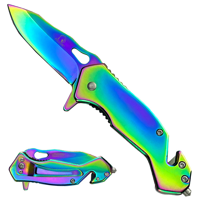 Rainbow Spring Assisted Knife w/Cutter and Breaker - KS1379RB