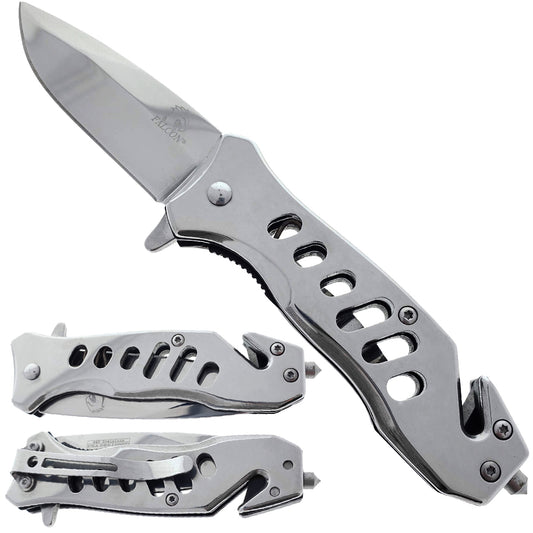 Falcon 6.5" Overall Spring Assisted Knife W/Seat Belt Cutter And Window Breaker Chrome - KS1471CH