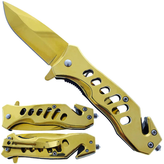 Falcon 6.5" Overall Spring Assisted Knife W/Seat Belt Cutter And Window Breaker Gold - KS1471GD