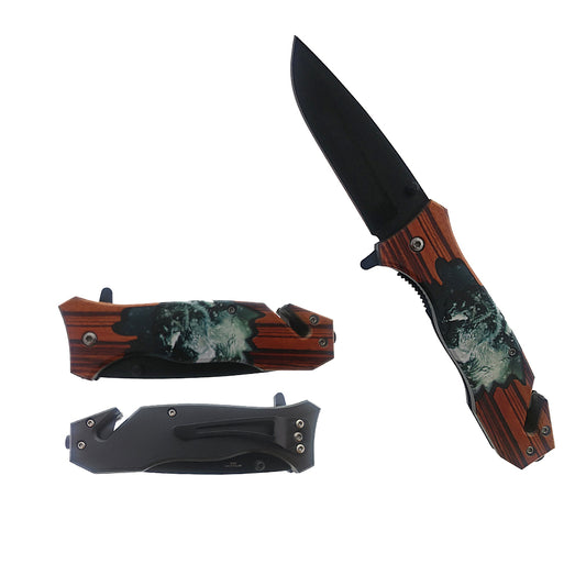 8 1/2" Spring Assisted Knife Wolf Design on Wooden Handle - KS1532WF1