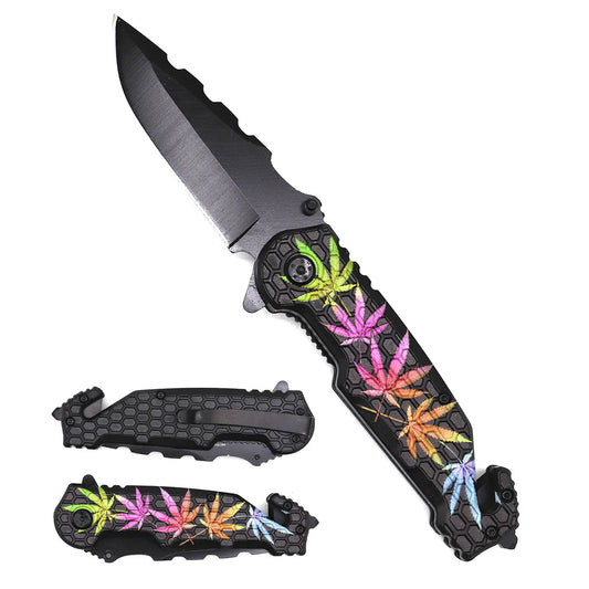 8.25" Spring Assisted Pocket Knife Rainbow Marijuana Handle - KS1699MA2