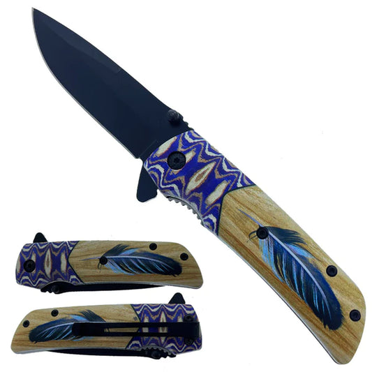 3" Black Blade 4.5" 3D Double Sided Handle with blue feather print - KS1808-2