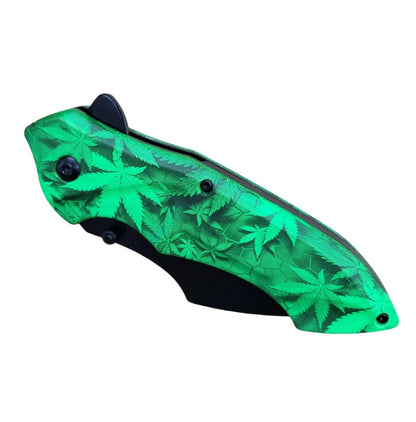 7.75" Green Marijuana Spring Assisted Pocket Knife - KS1839MA