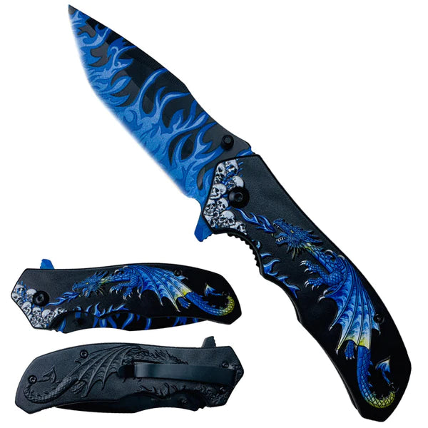 8.25" Overall in Length Spring Assisted Knife Blue Dragon Blue Flames - KS1934BL