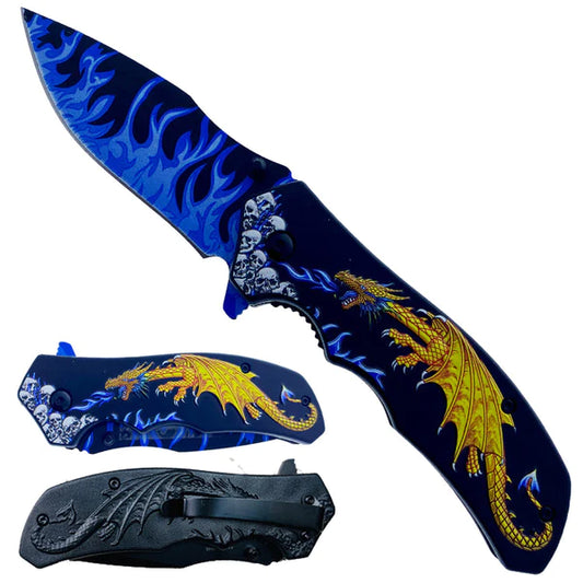 8.25" Overall in Length Spring Assisted Knife Yellow Dragon Blue Flames - KS1934GD