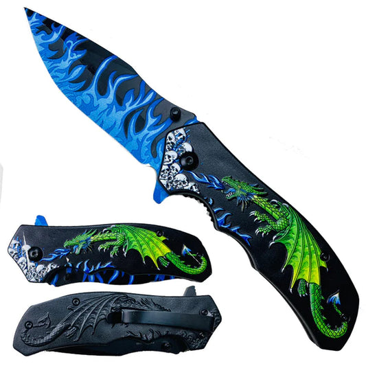 8.25" Overall in Length Spring Assisted Knife Green Dragon Blue Flames - KS1934GN