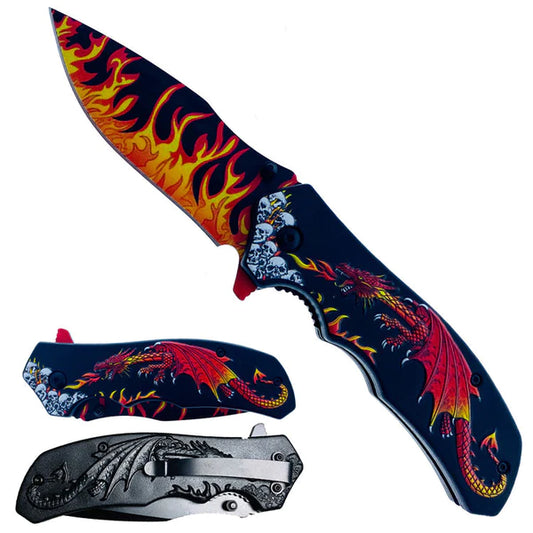 8.25" Overall in Length Spring Assisted Knife Red Dragon Red Flames - KS1934RD