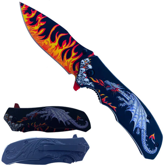 8.25" Overall in Length Spring Assisted Knife White Dragon Red Flames - KS1934SL