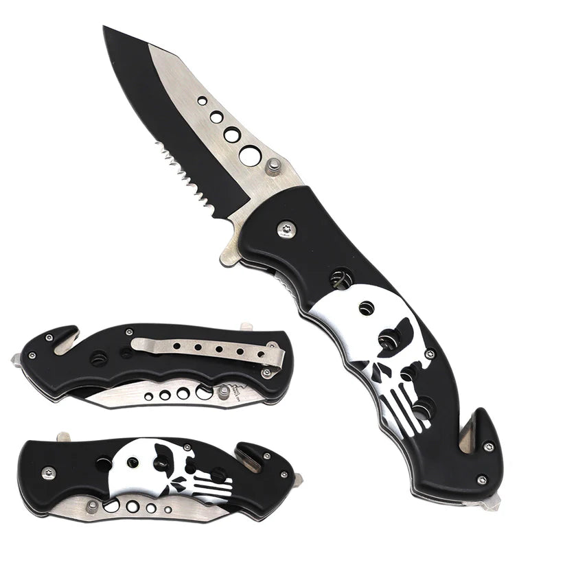 8" Overall Skull Spring Assisted Pocket Knife - KS1981SK