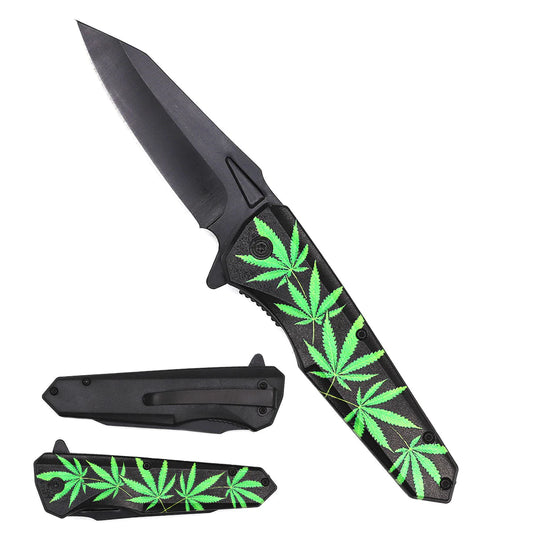 7.75" Spring Assisted Knife Green Marijuana ABS Handle - KS1998MA1