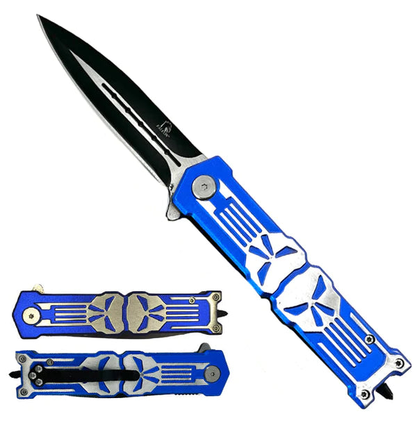 Falcon 7.75" Blue Skull Spring Assisted Knife - KS2016BL