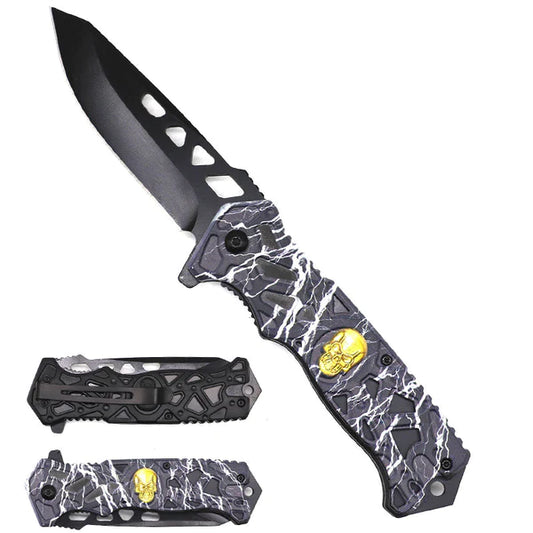 8.5" Spring Assisted Knife Black Thunder Skull - KS2451BK