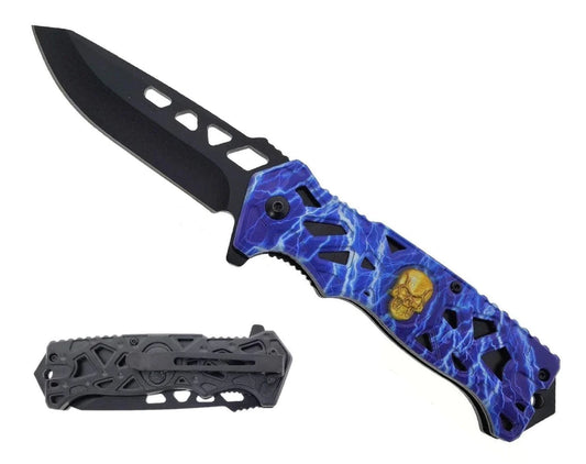 8.5" Spring Assisted Knife Blue Thunder Skull - KS2451BL