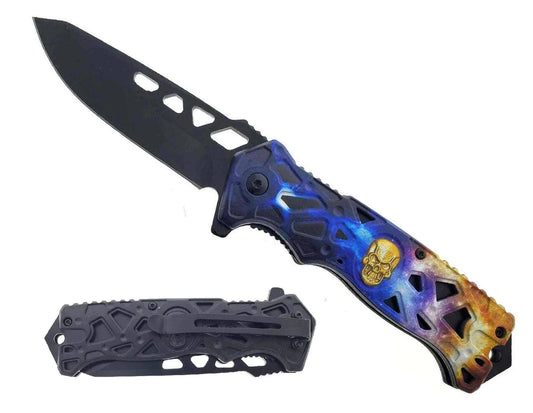 8.5" Spring Assisted Knife Blue & Yellow Thunder Skull - KS2451BY