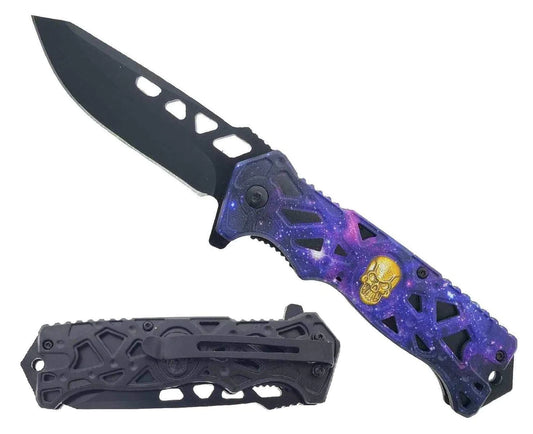 8.5" Spring Assisted Knife Purple Galaxy Thunder Skull - KS2451PP