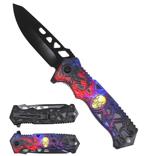 8.5" Spring Assisted Knife Blue & Red Thunder Skull - KS2451RB