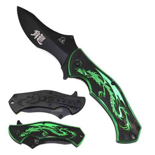 Falcon 7.75" Black and Green Dragon Spring Assisted Knife - KS2925BN