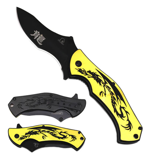 Falcon 7.75" Gold & Black Dragon Spring Assisted Knife - KS2925GB