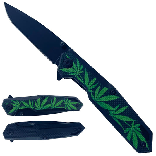 8" Spring Assisted Pocket Knife Textured Marijuana Handle - KS2985MM