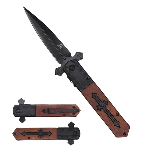 8 7/8" Falcon Black Blade Brown Handle Spring Assisted Knife- KS3004BWD