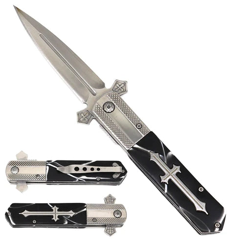 8 7/8" Falcon Silver Blade Black Faux Marble Cross Handle Spring Assisted Knife- KS3004CBA