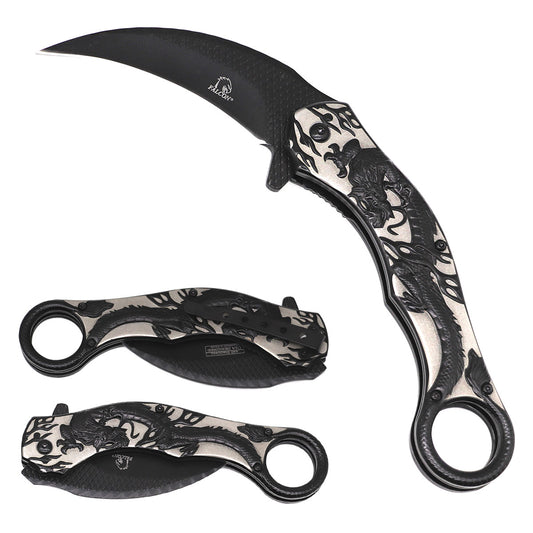 8.25 " Overall In Length Black Blade with dragon engraving. - KS3006BK