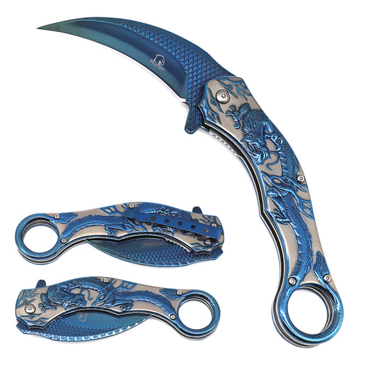 8.25 " Overall In Length Blue Blade with dragon engraving - KS3006BL